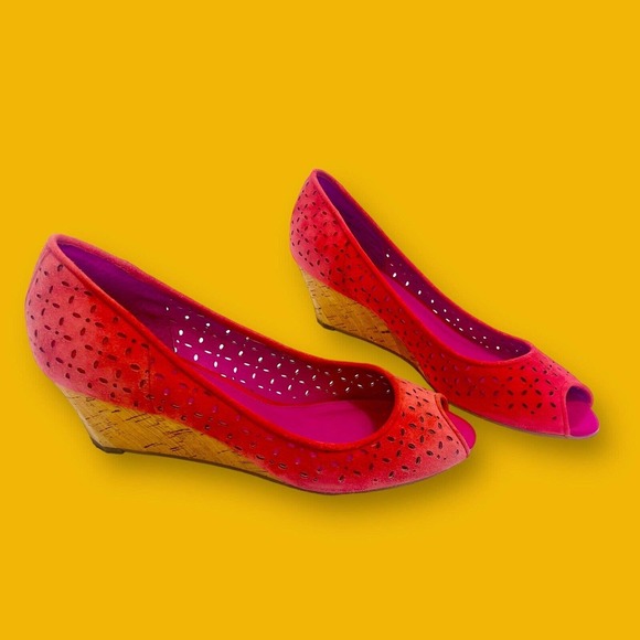 Johnston & Murphy Shoes - Johnston & Murphy Suede Slip On Open Toe Coral Peep Toe Wedge Shoes Size 7.5 M